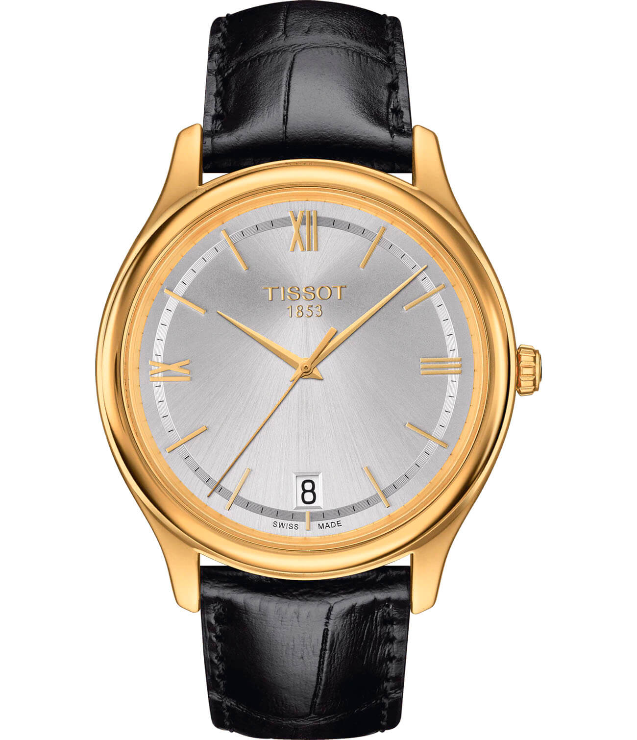 Tissot Tissot Fascination 18K Gold T924.410.16.038.00  T9244101603800 кварцевые мужские часы серебристый циферблат, браслет кожаный — вид спереди