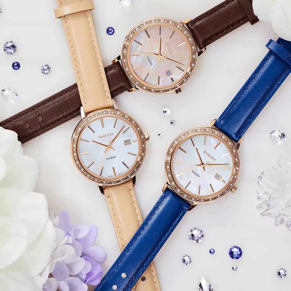 Casio Casio Sheen SHE-4052PGL-4AUEF кварцевые женские часы часы крупный план перламутровый циферблата