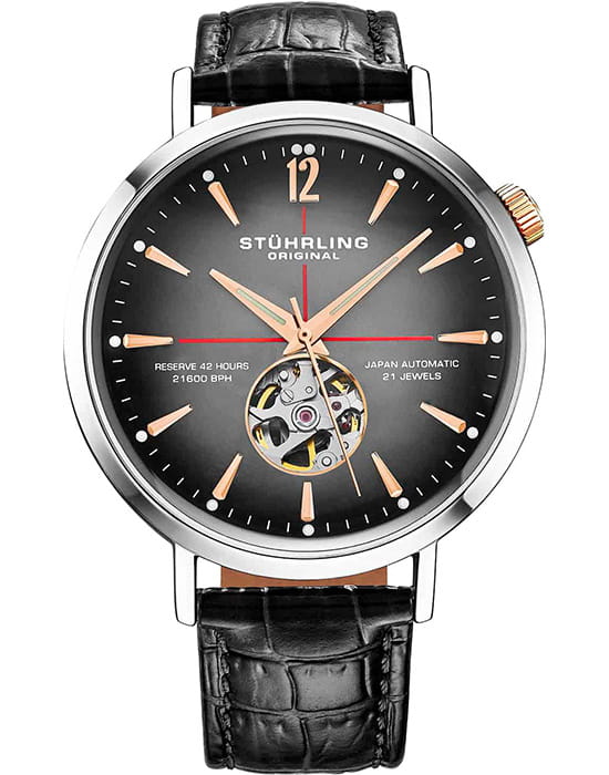 Stuhrling Stuhrling Quasar 1021.03  1021.03 механические мужские часы черный циферблат, браслет кожаный — вид спереди