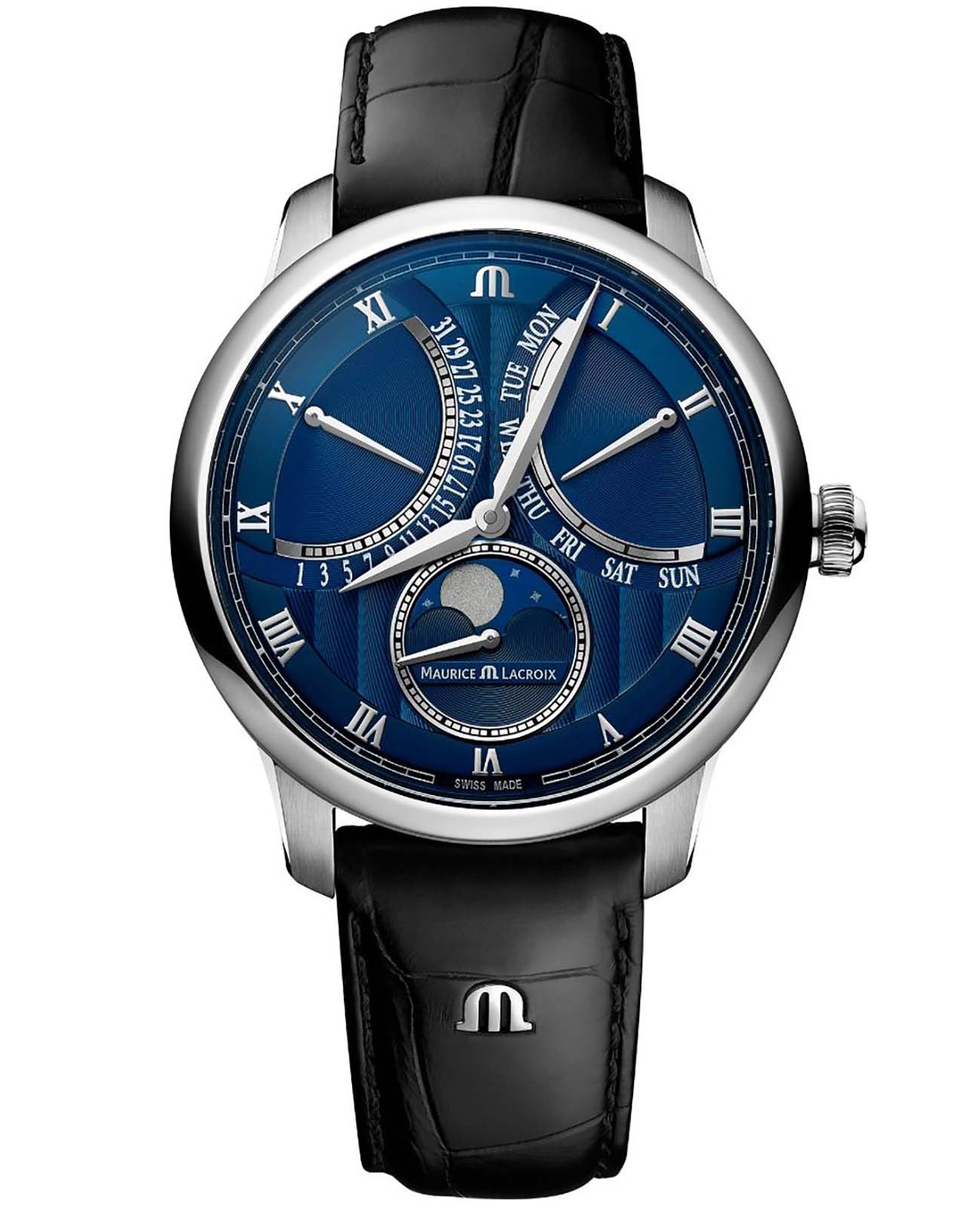 Maurice Lacroix Maurice Lacroix Masterpiece Moonphase Retrograde MP6608-SS001-410-1  MP6608-SS001-410-1 механические мужские часы синий циферблат, браслет кожаный — вид спереди