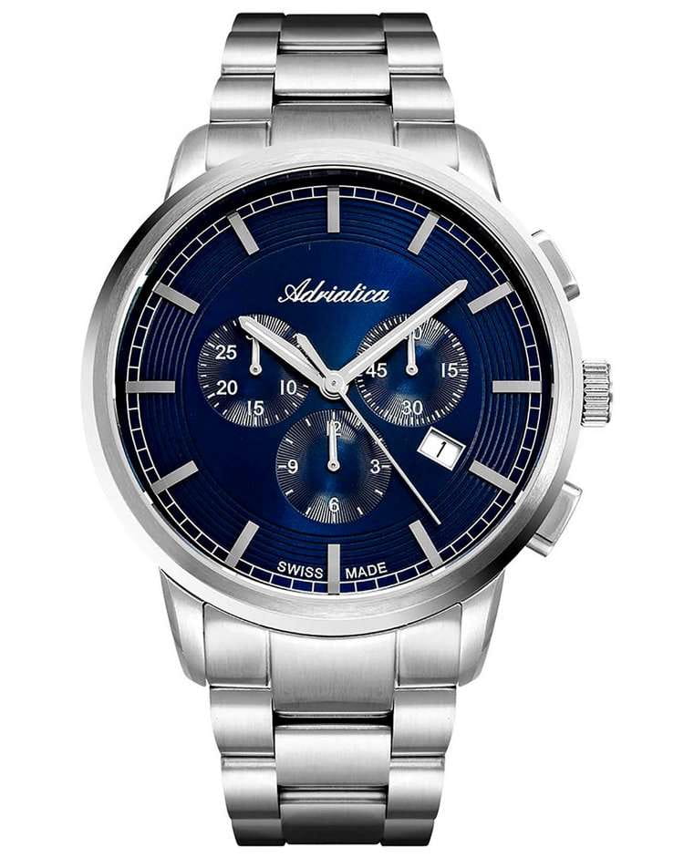 Adriatica Adriatica Chronographs A8307.5115CH  A8307.5115CH кварцевые мужские часы синий циферблат, браслет нержавеющая сталь — вид спереди