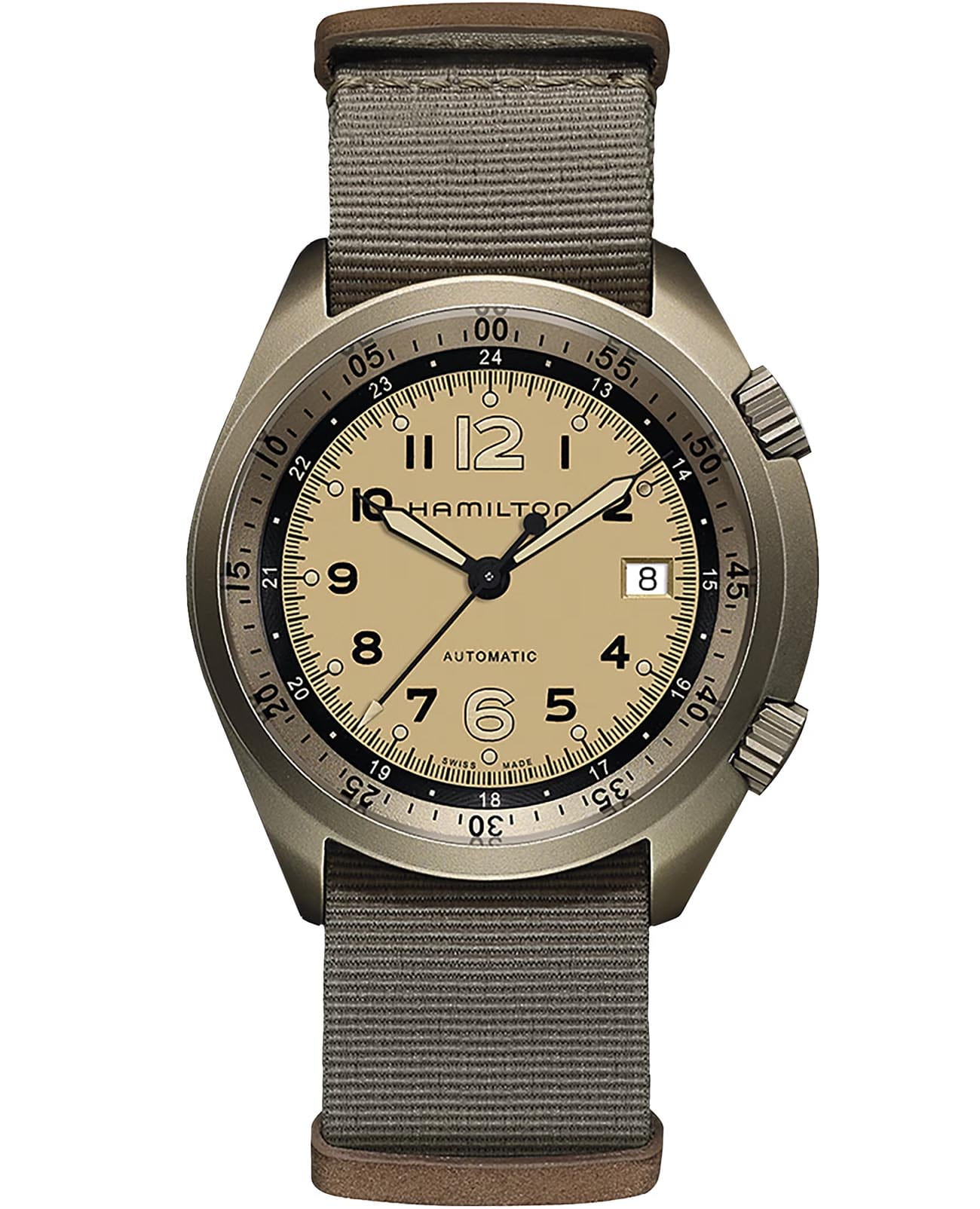 Hamilton Hamilton Khaki Aviation Pilot Pioneer Aluminium H80435895  H80435895 механические мужские часы бежевый циферблат, браслет тканевый — вид спереди