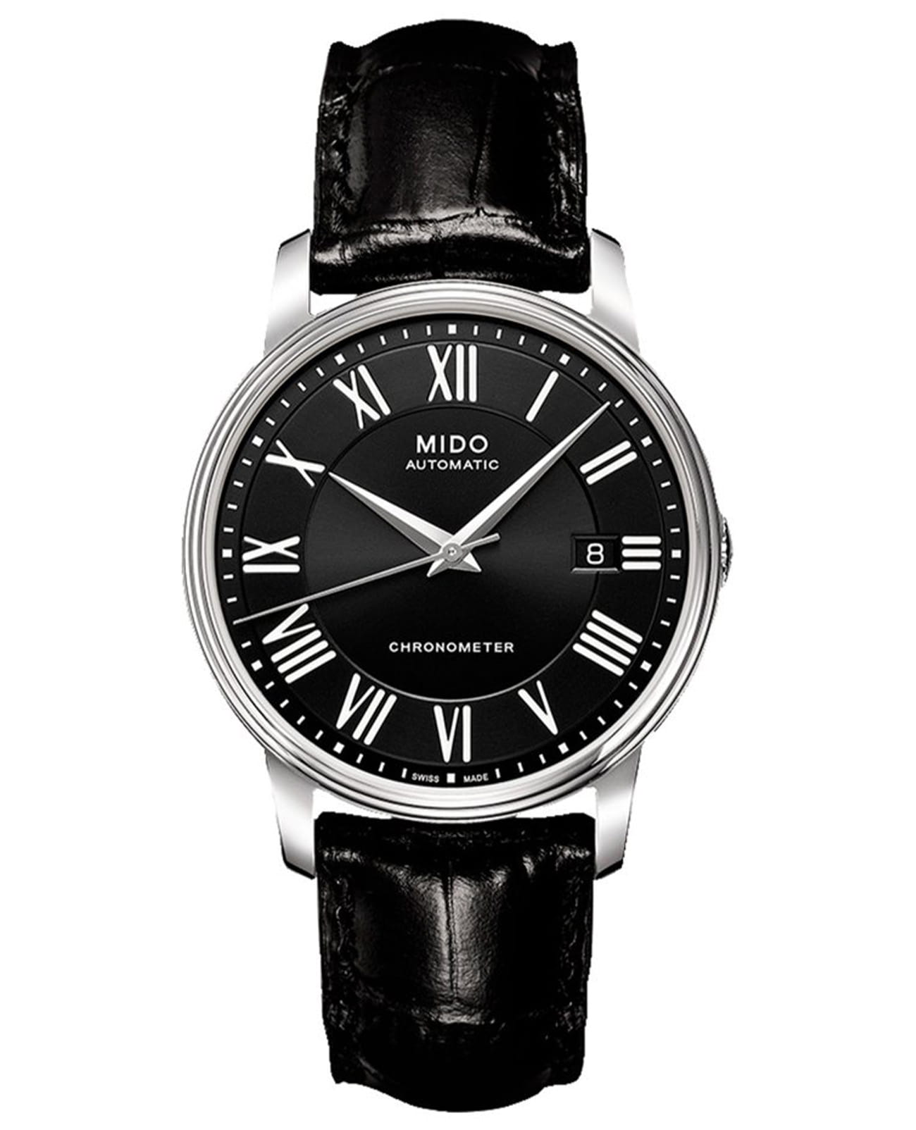 Mido Mido Baroncelli M010.408.16.053.29  M0104081605329 механические мужские часы черный циферблат, браслет кожаный — вид спереди