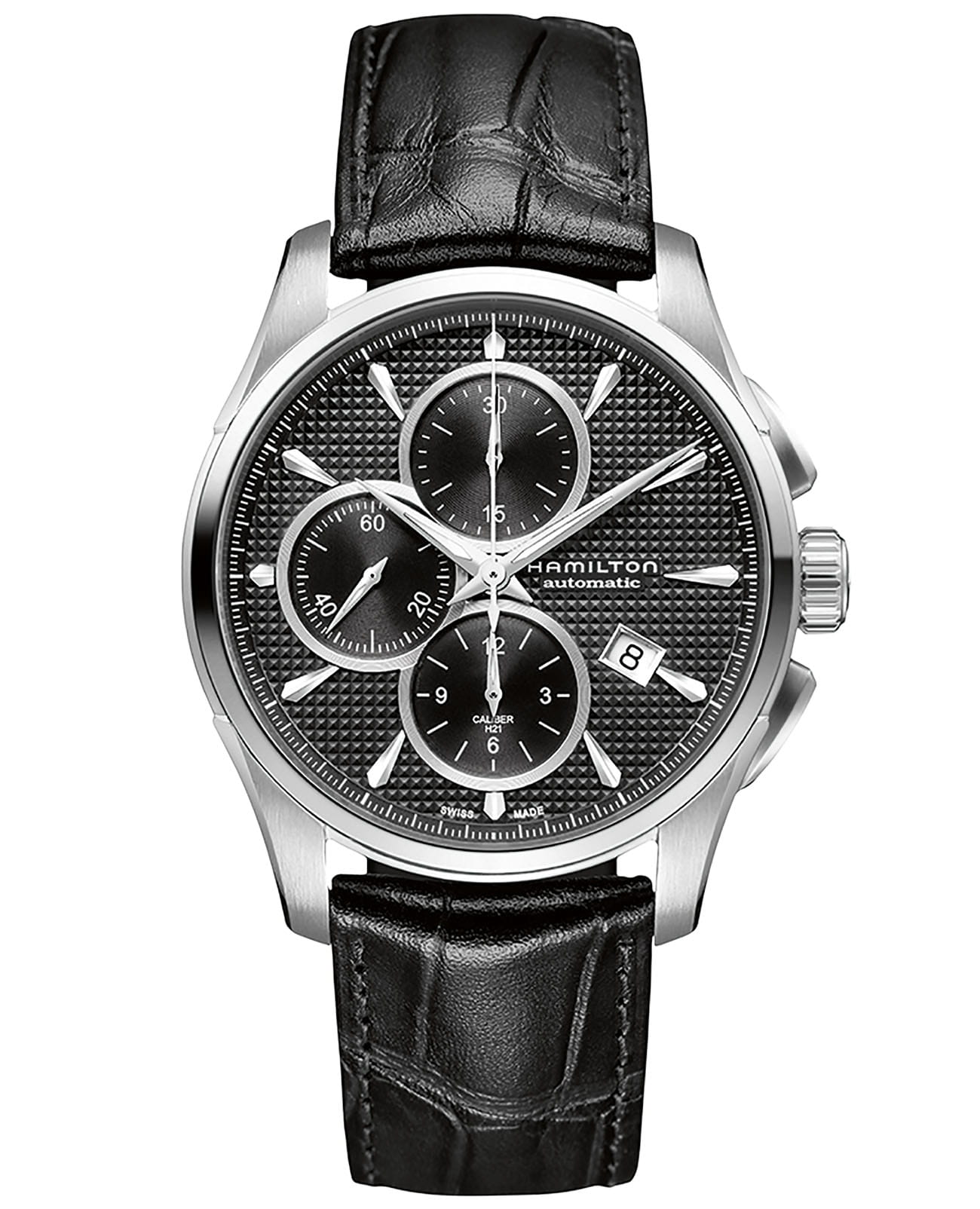 Hamilton Hamilton Jazzmaster Auto Chrono H32596731  H32596731 механические мужские часы черный циферблат, браслет кожаный — вид спереди