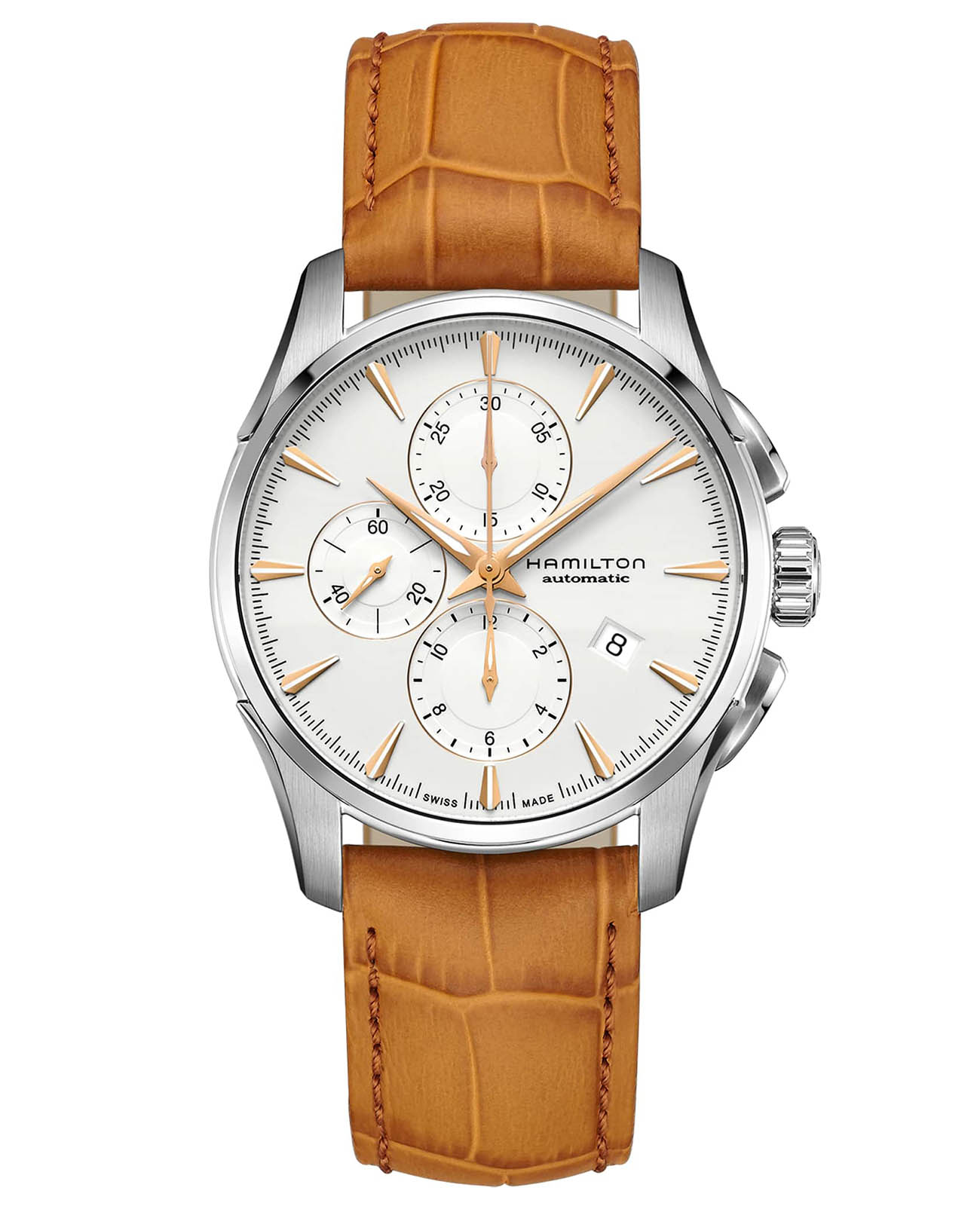 Hamilton Hamilton Jazzmaster Auto Chrono H32586511  H32586511 механические мужские часы белый циферблат, браслет кожаный — вид спереди
