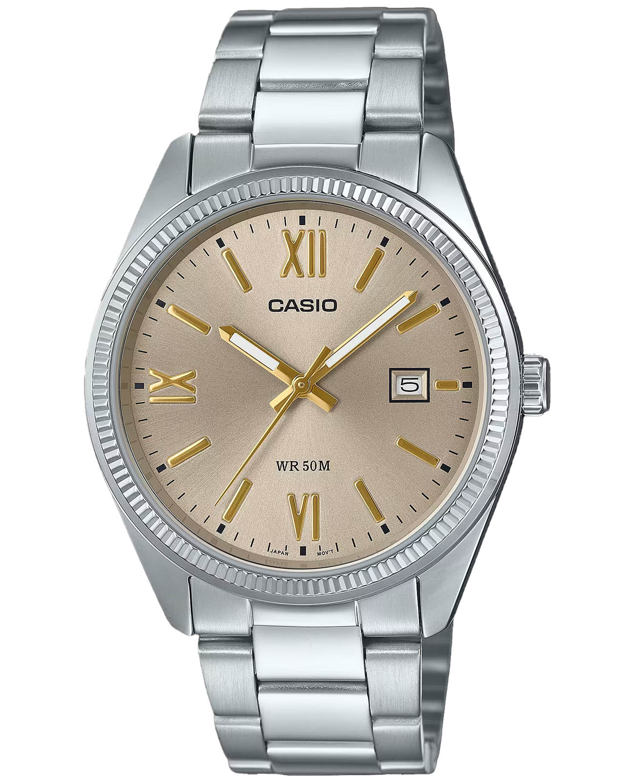 Casio Casio MTP-1302DD-9A   MTP-1302DD-9A  кварцевые мужские часы золотой циферблат, браслет нержавеющая сталь — вид спереди