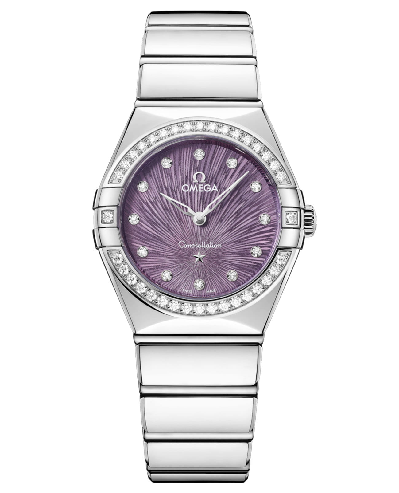 Omega Omega Constellation 131.15.28.60.60.001  13115286060001 кварцевые женские часы фиолетовый циферблат, браслет нержавеющая сталь — вид спереди