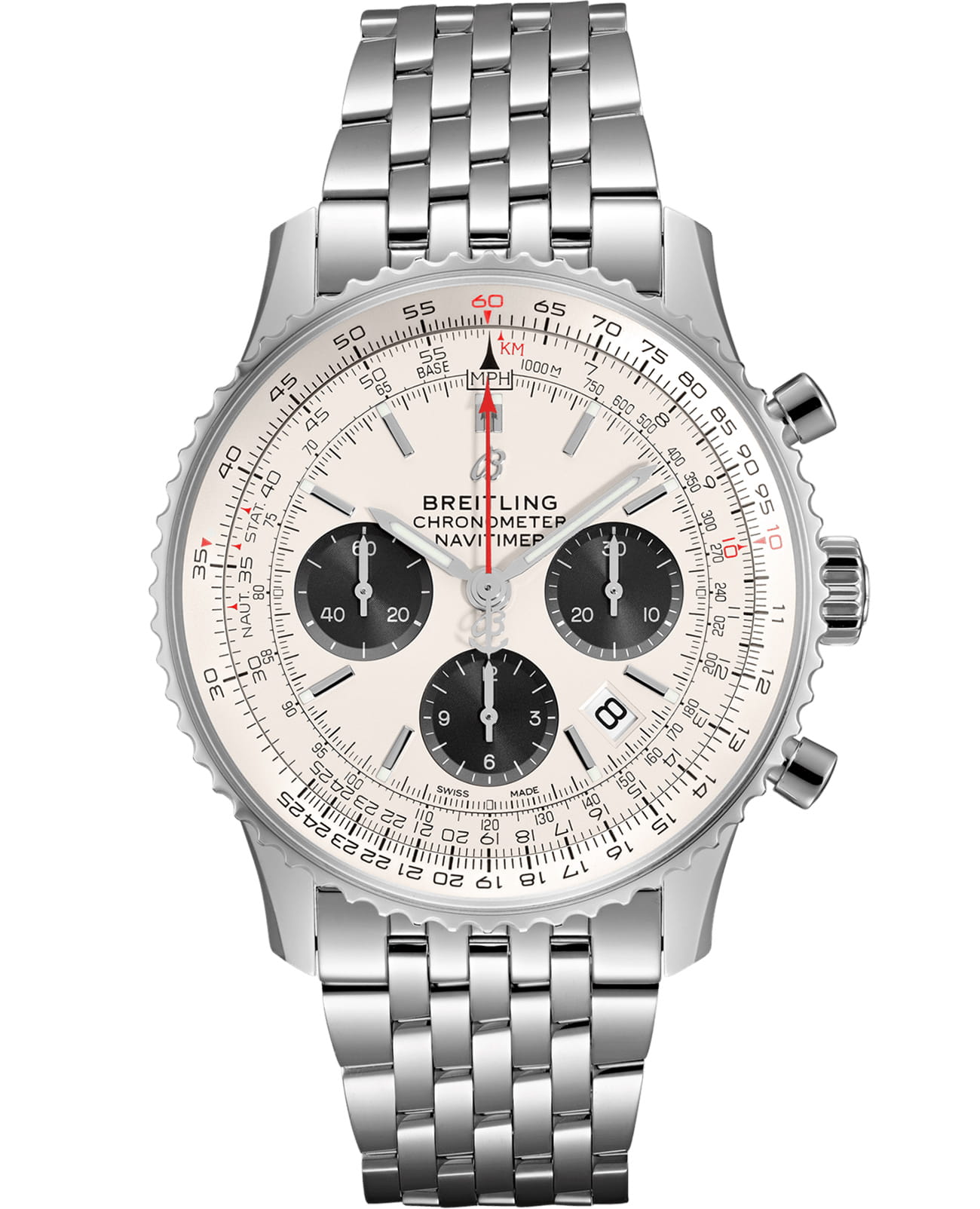 Breitling Breitling Navitimer B01 Chronograph 43 AB0121211G1A1  AB0121211G1A1 механические мужские часы белый циферблат, браслет нержавеющая сталь — вид спереди