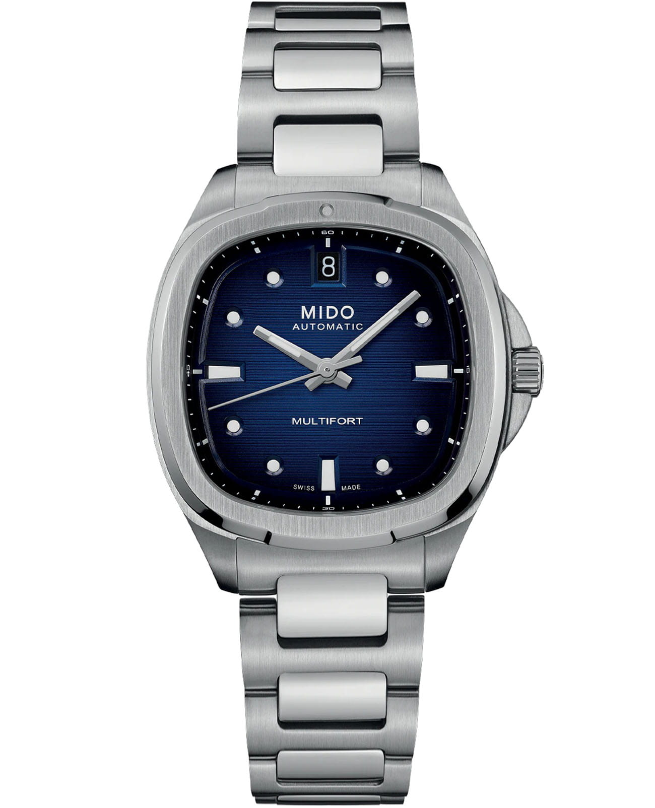 Mido Mido Multifort TV 35 M049.307.11.041.00  M0493071104100 механические женские часы синий циферблат, браслет нержавеющая сталь — вид спереди