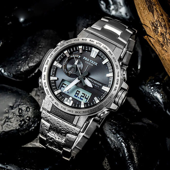Casio Casio Pro Trek PRW-60T-7A, pro trek япония мужские часы на браслете титановый боковой вид