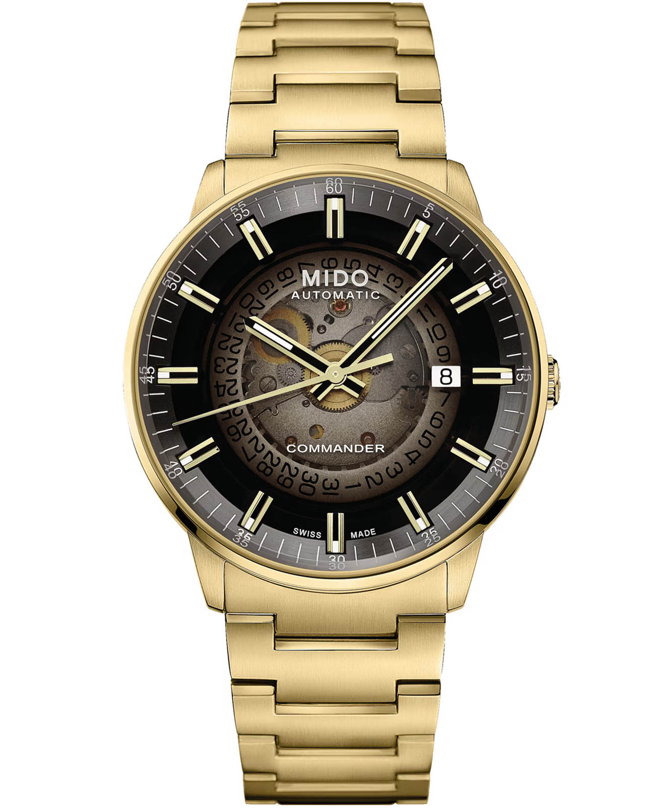 Mido Mido Commander Gradient M021.407.33.411.01  M0214073341101 механические мужские часы черный циферблат, браслет нержавеющая сталь — вид спереди