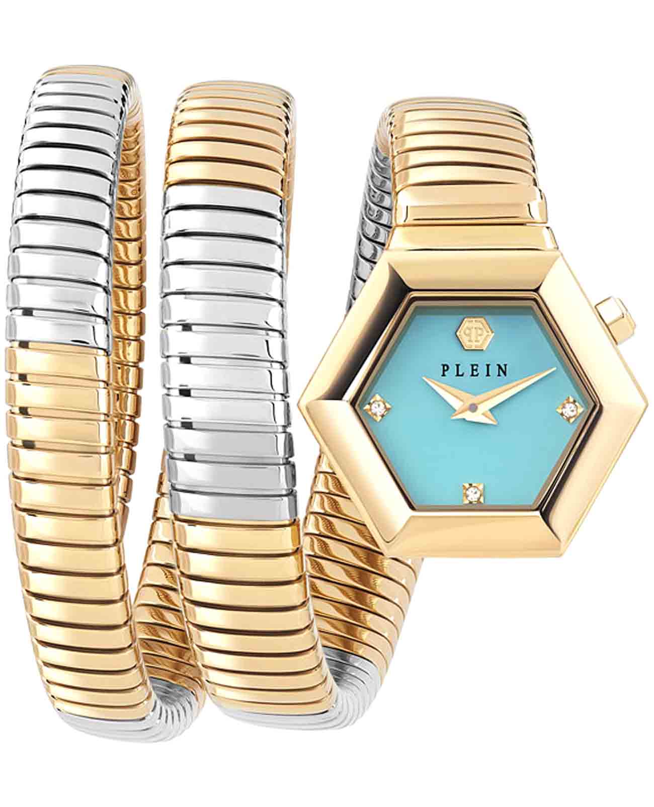 Philipp Plein Philipp Plein Snake Hexagon PWZAA0725  PWZAA0725 кварцевые женские часы голубой циферблат, браслет нержавеющая сталь с pvd-покрытием — вид спереди