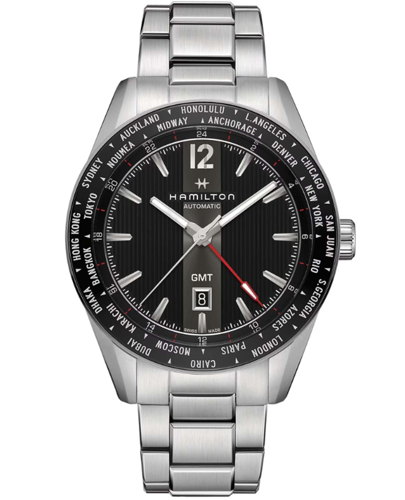 Hamilton Hamilton Broadway GMT Limited Edition H43725131  H43725131 механические мужские часы черный циферблат, браслет нержавеющая сталь — вид спереди
