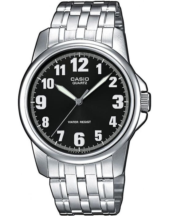 Casio Casio MTP-1260PD-1BEG  MTP-1260PD-1BEG кварцевые мужские часы черный циферблат, браслет нержавеющая сталь — вид спереди