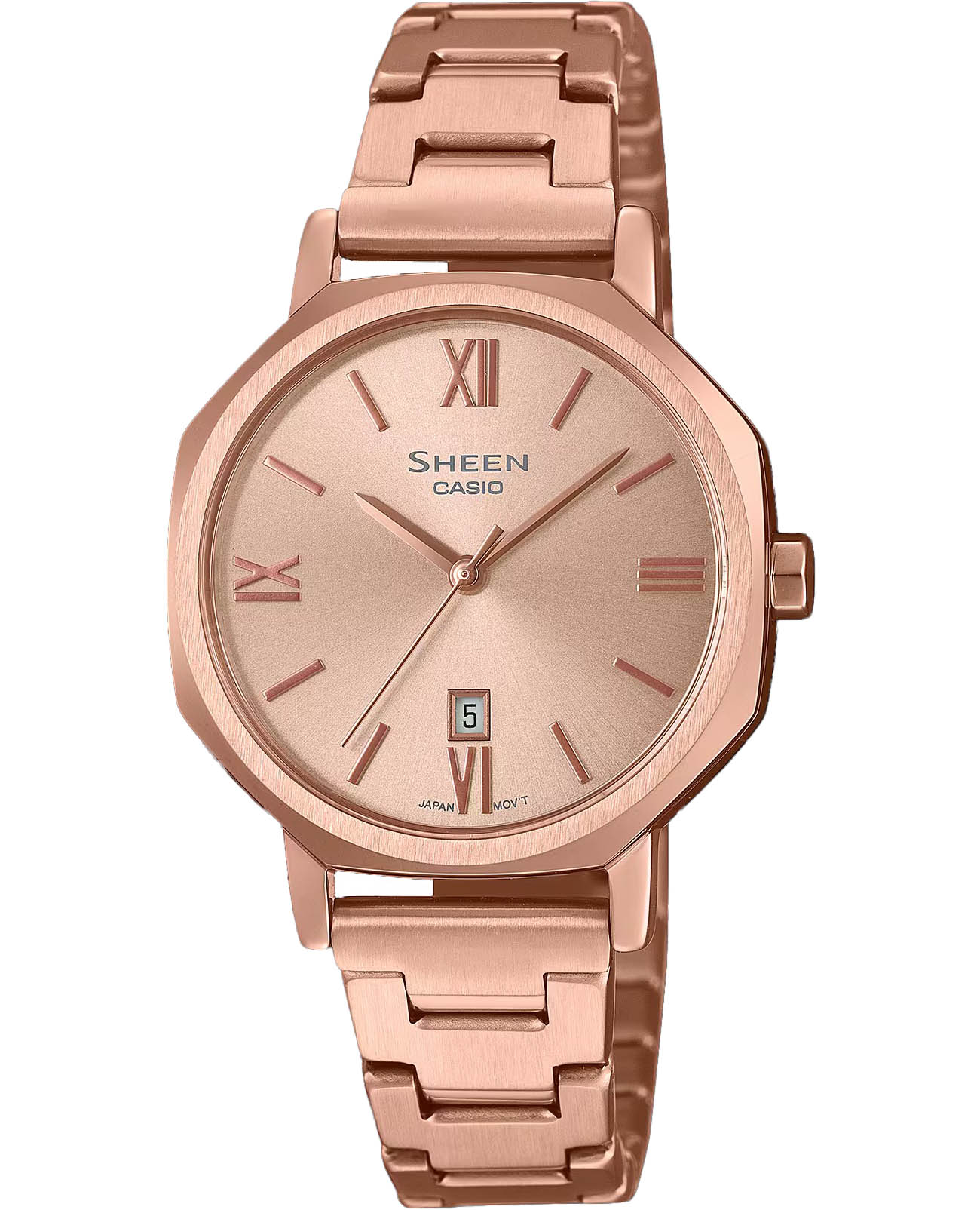 Casio Casio Sheen SHE-4554PG-4AUDF (SHE-4554PG-4A)  SHE-4554PG-4A кварцевые женские часы красный циферблат, браслет нержавеющая сталь с ip-покрытием — вид спереди