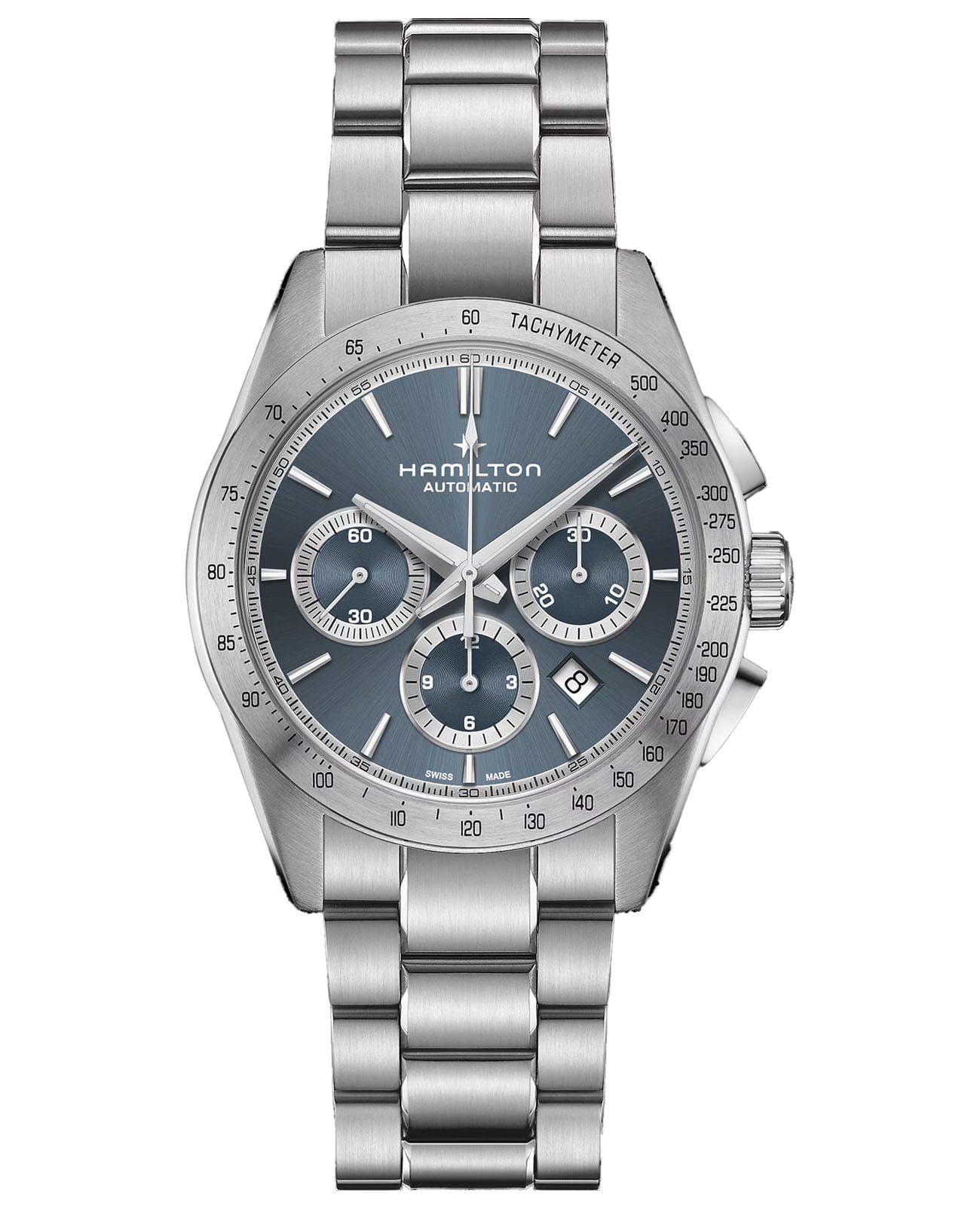 Hamilton Hamilton Jazzmaster Performer Auto Chrono H36656140  H36656140 механические мужские часы голубой циферблат, браслет нержавеющая сталь — вид спереди