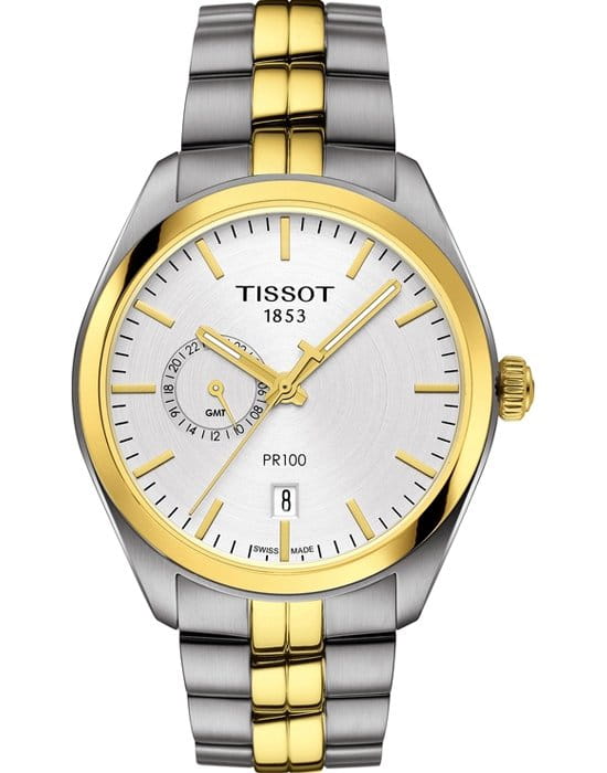 Tissot Tissot PR 100 Dual Time T101.452.22.031.00 PR 100 T1014522203100 кварцевые мужские часы белый циферблат, браслет сталь c pvd покрытием — вид спереди