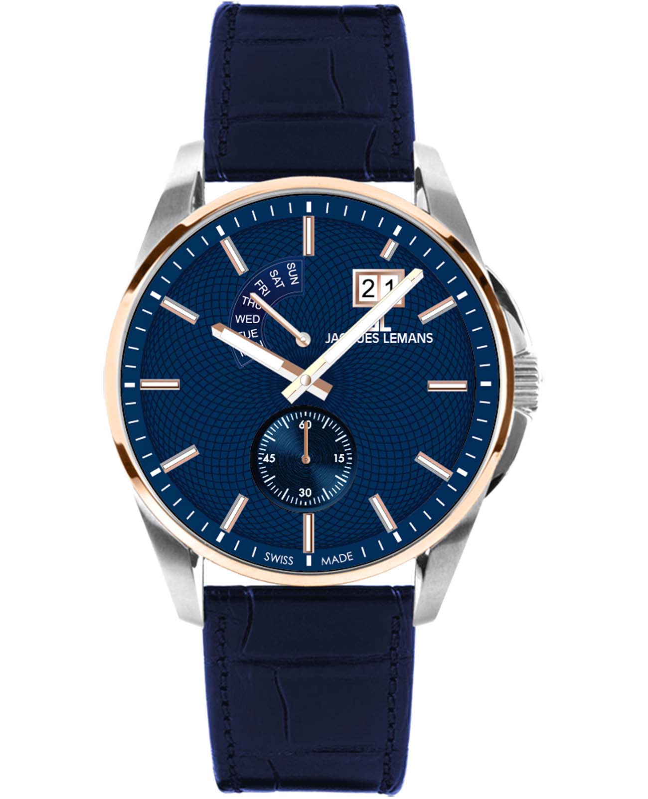 Jacques Lemans Jacques Lemans Derby 1-2199F  1-2199F кварцевые мужские часы синий циферблат, браслет кожаный — вид спереди