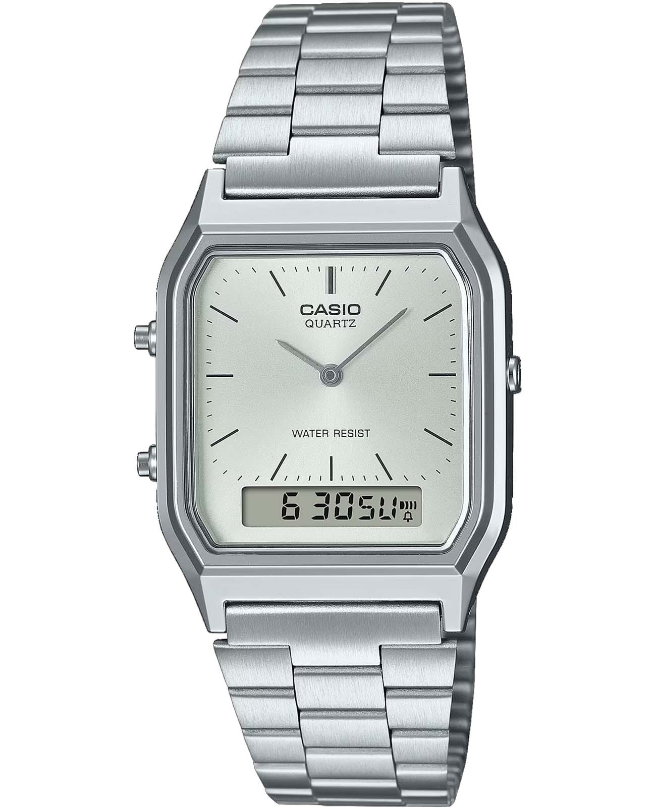 Casio Casio Collection AQ-230A-7A  AQ-230A-7A кварцевые мужские часы серебристый циферблат, браслет нержавеющая сталь — вид спереди