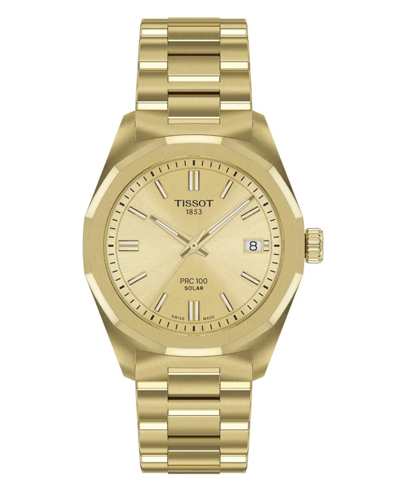 Tissot Tissot PRC 100 Solar Quartz 34mm T151.822.33.021.00 PRC 100 Solar T1518223302100 кварцевые женские часы шампань циферблат, браслет нержавеющая сталь с pvd-покрытием — вид спереди