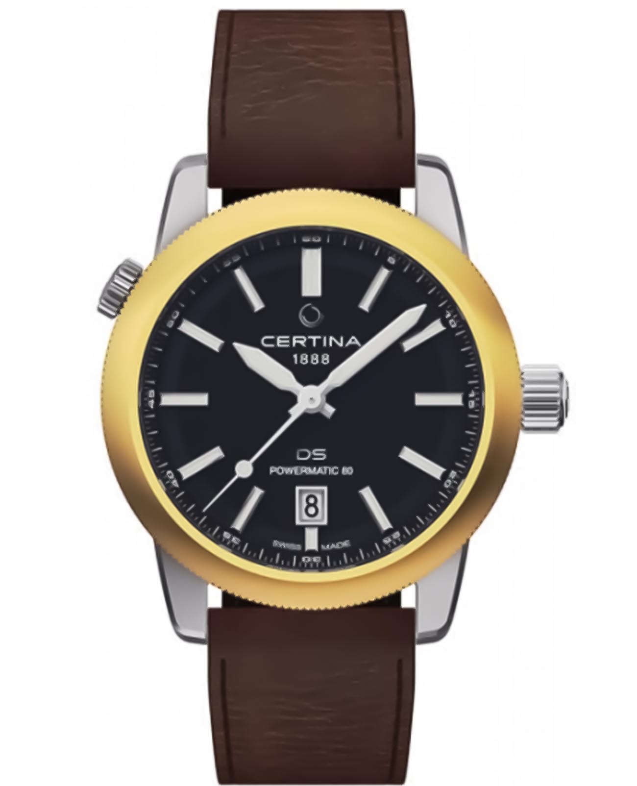 Certina Certina DS+ C041.407.19.051.90  C0414071905190 механические мужские часы черный циферблат, браслет кожаный — вид спереди