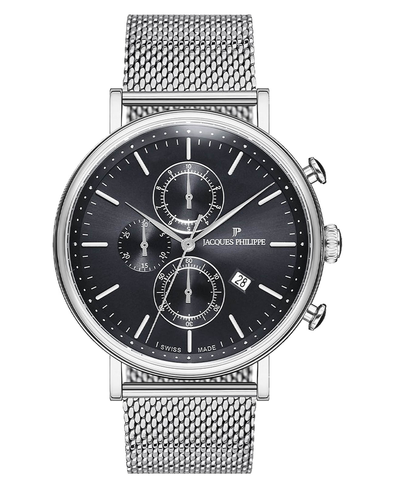 Jacques Philippe Jacques Philippe Aviator JPQGC021216  JPQGC021216 кварцевые мужские часы черный циферблат, браслет нержавеющая сталь — вид спереди