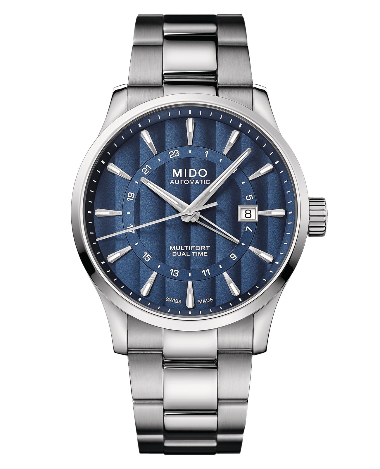 Mido Mido Multifort Dual Time M038.429.11.041.00  M0384291104100 механические мужские часы синий циферблат, браслет нержавеющая сталь — вид спереди