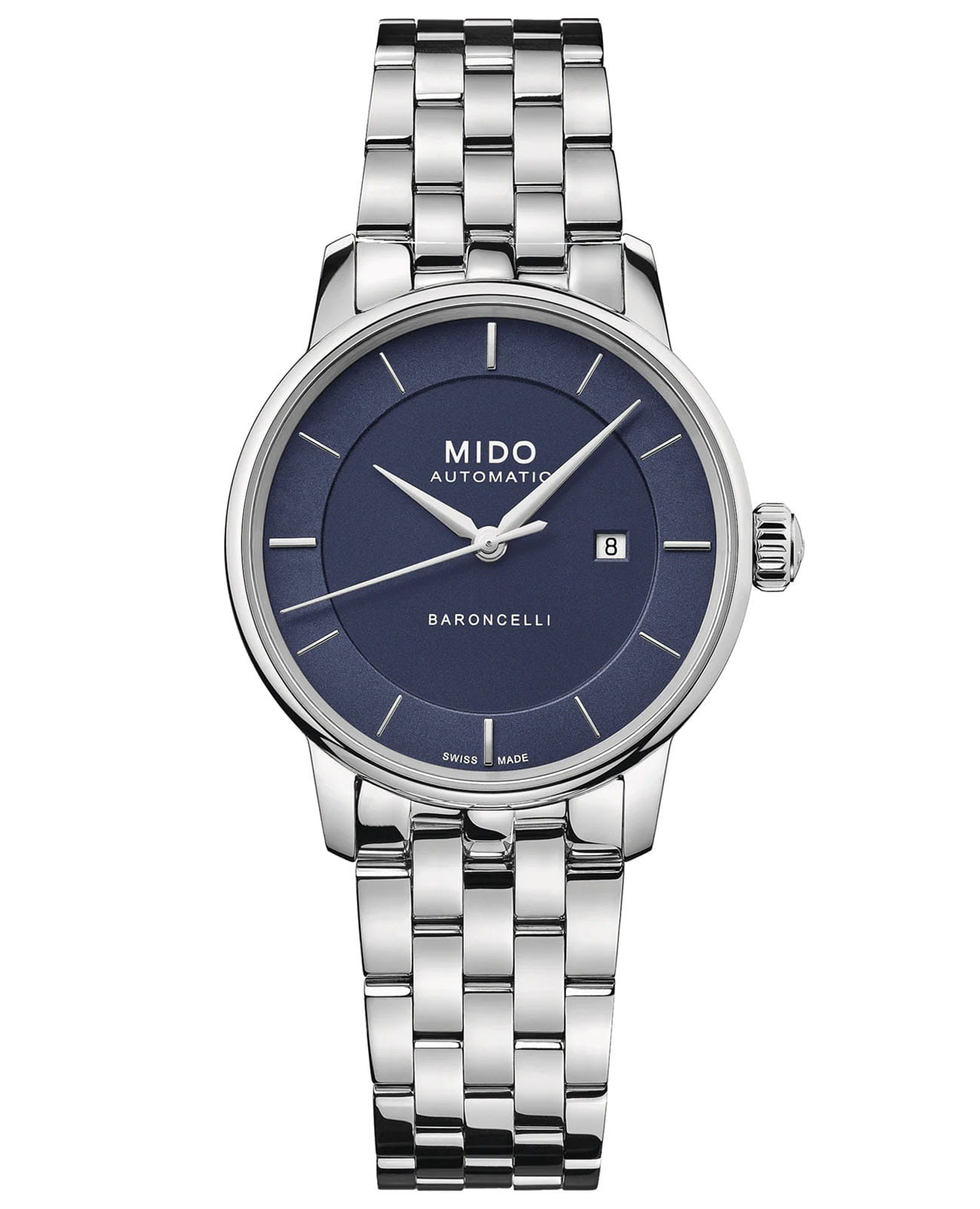 Mido Mido Baroncelli Signature Lady M037.207.11.041.00  M0372071104100 механические женские часы синий циферблат, браслет нержавеющая сталь — вид спереди