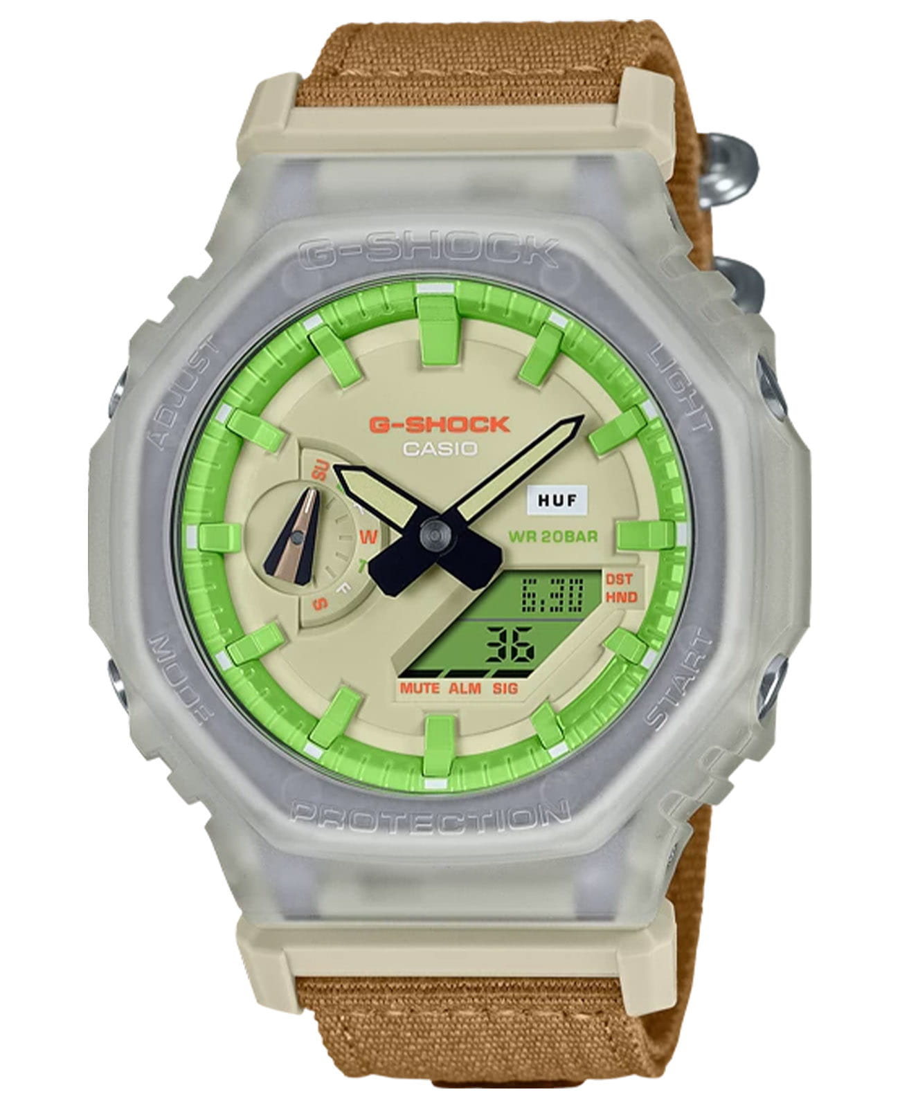 Casio Casio G-Shock GA-2100HUF-5A GA-2100 GA-2100HUF-5A электронные мужские часы зеленый циферблат, браслет тканевый — вид спереди