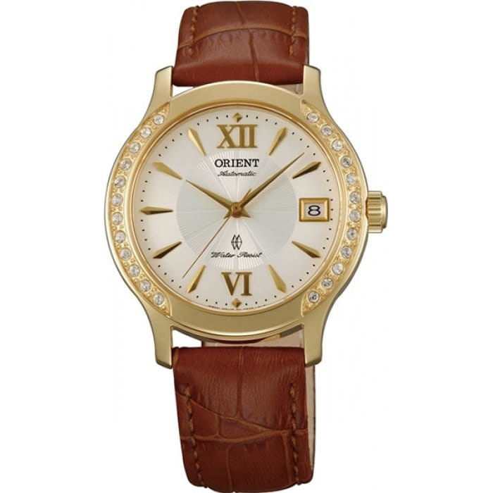 Orient Orient ER2E003W (FER2E003W)  FER2E003W механические женские часы серебристый циферблат, браслет кожа + текстиль — вид спереди