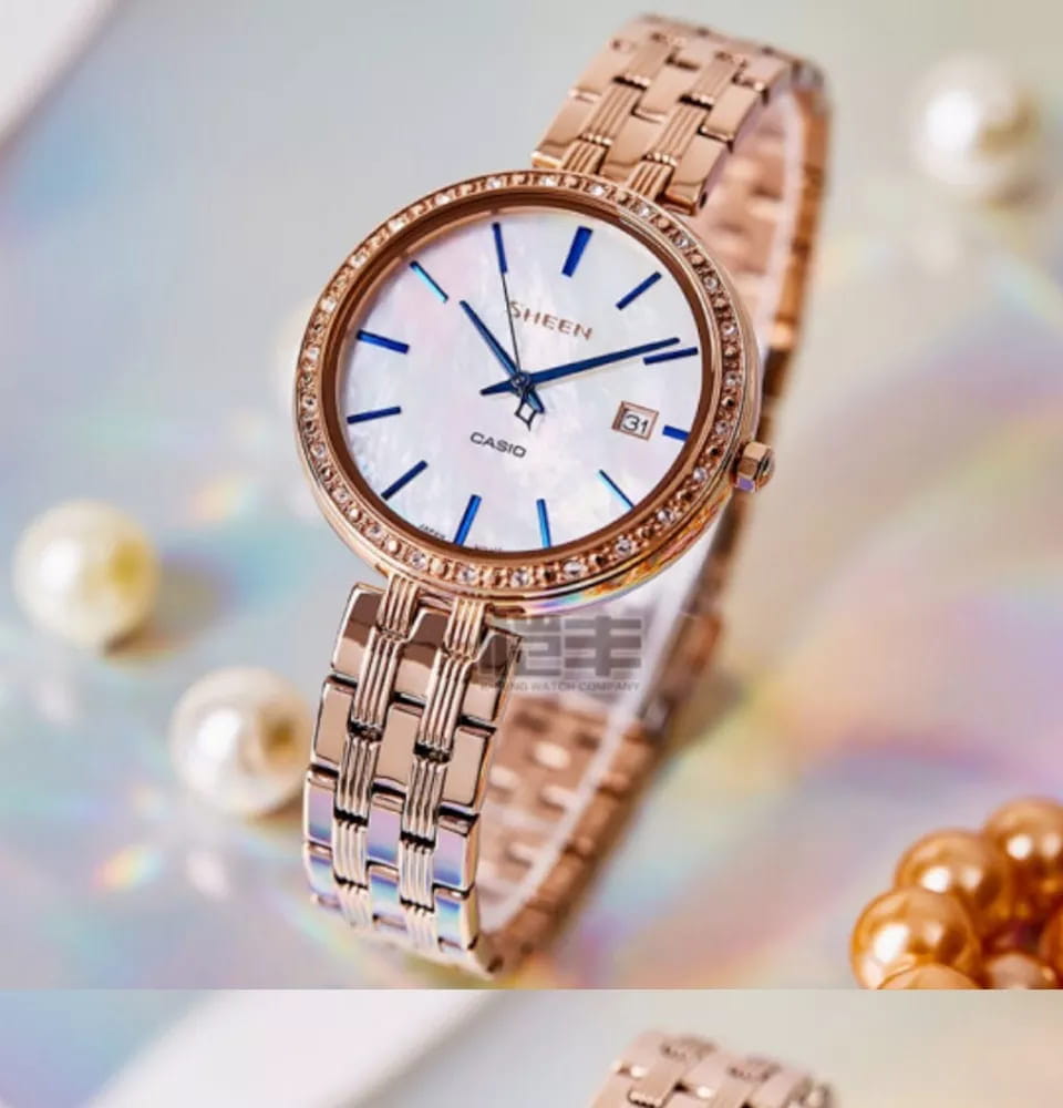 Casio Casio Sheen SHE-4052PG-2A кварцевые женские часы часы крупный план перламутровый циферблата