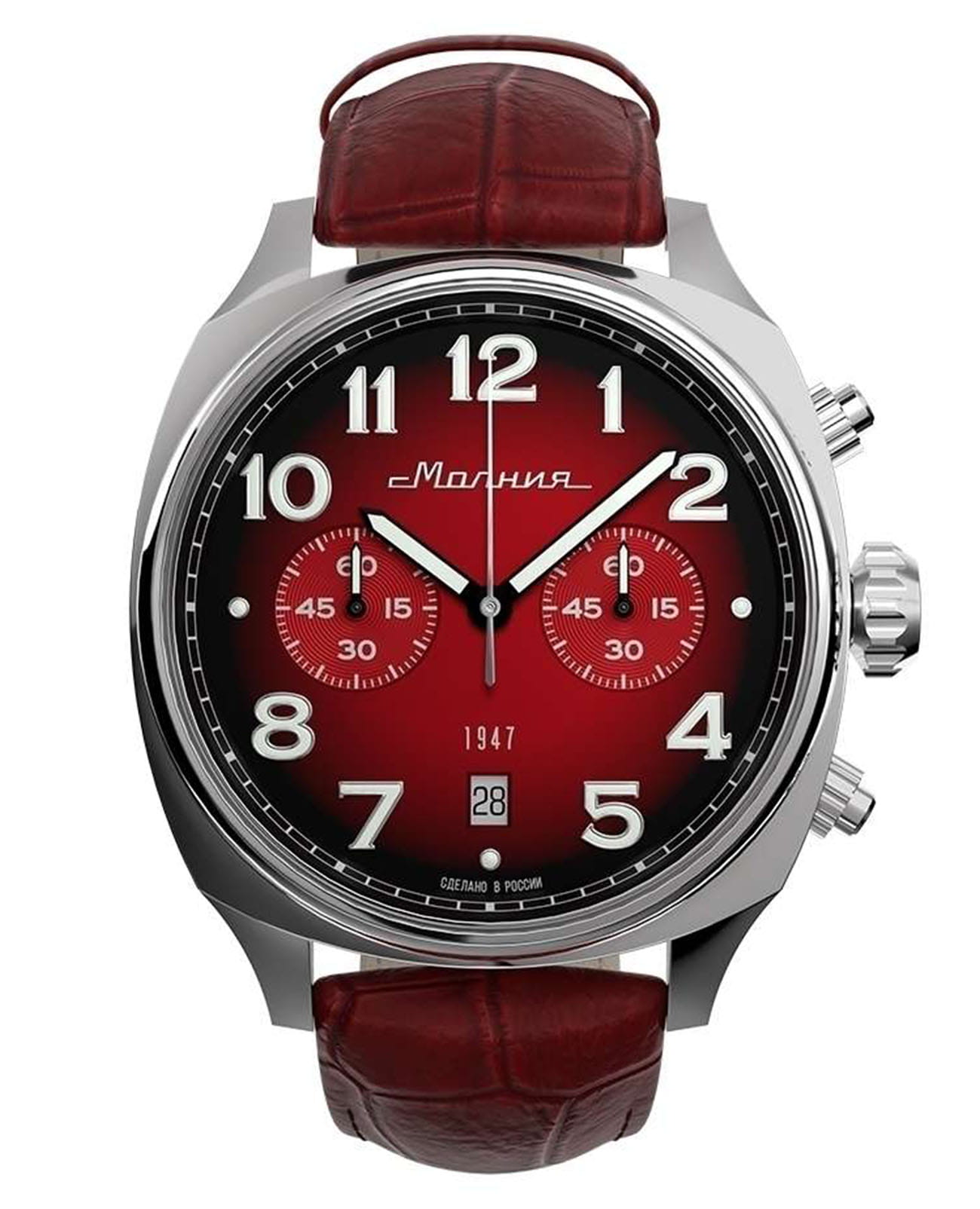 Молния Молния Evolution 0020112-3.0  0020112-3.0 кварцевые мужские часы красный циферблат, браслет кожаный — вид спереди