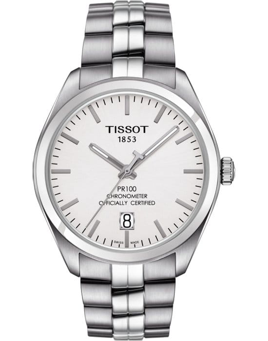 Tissot Tissot PR 100 Powermatic 80 COSC T101.408.11.031.00 PR 100 T1014081103100 механические мужские часы белый циферблат, браслет нержавеющая сталь — вид спереди
