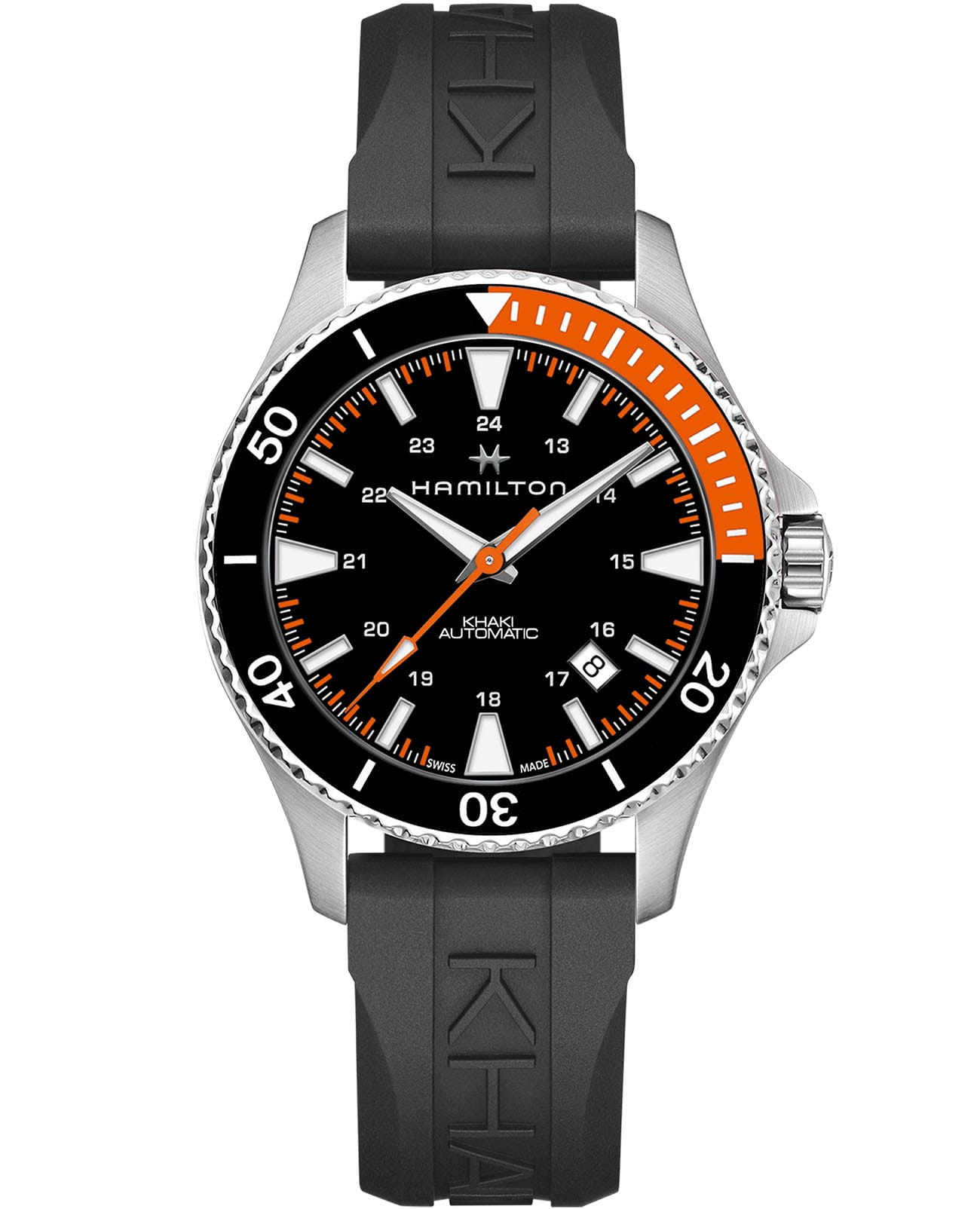 Hamilton Hamilton Khaki Navy Scuba Auto H82305331  H82305331 механические мужские часы черный циферблат, браслет каучук — вид спереди