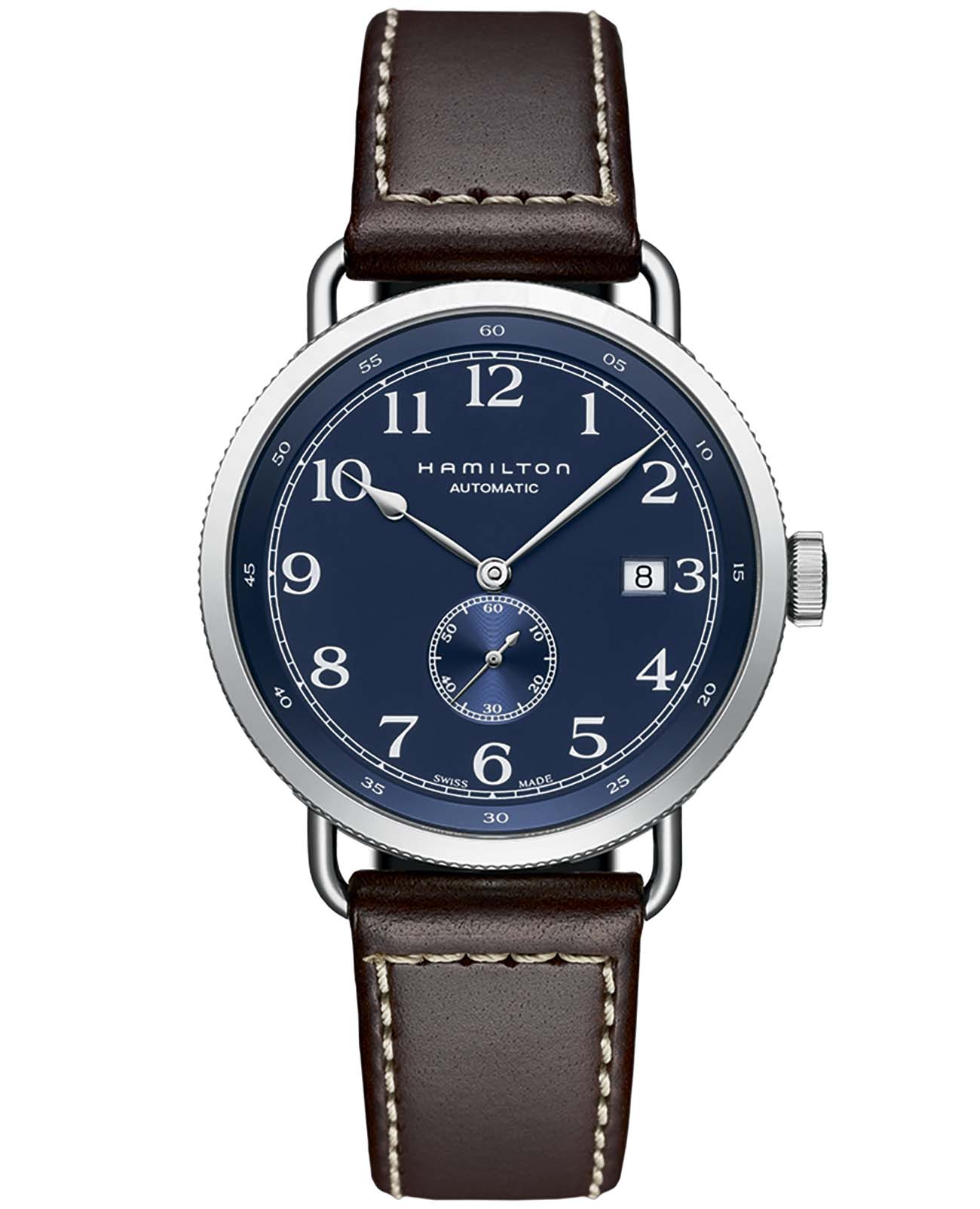 Hamilton Hamilton Khaki Field Pioneer Small Second Auto H78455543  H78455543 механические мужские часы синий циферблат, браслет кожаный — вид спереди