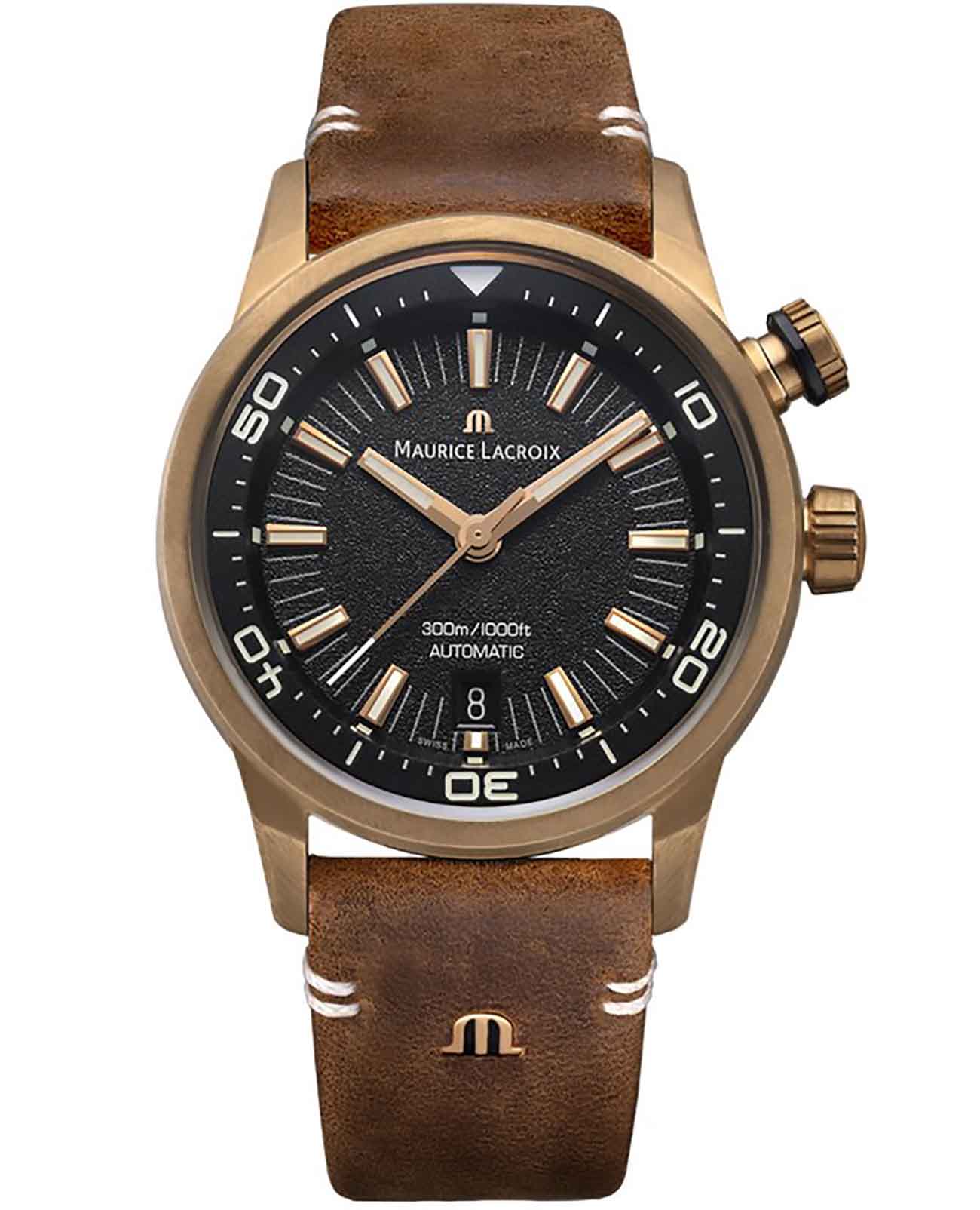 Maurice Lacroix Maurice Lacroix Pontos S Diver PT6248-BRZ01-330-3  PT6248-BRZ01-330-3 механические мужские часы черный циферблат, браслет кожаный — вид спереди