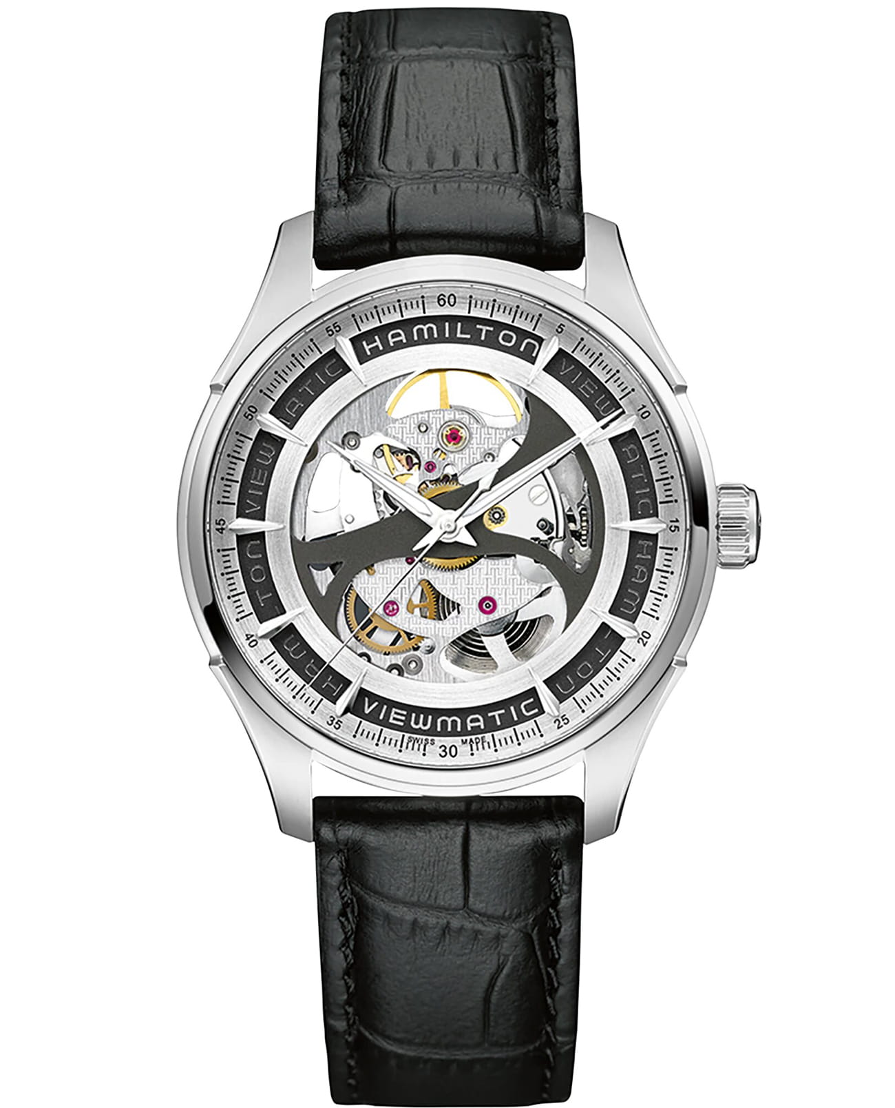 Hamilton Hamilton Jazzmaster Viewmatic Skeleton Gent Auto H42555751  H42555751 механические мужские часы  циферблат, браслет кожаный — вид спереди