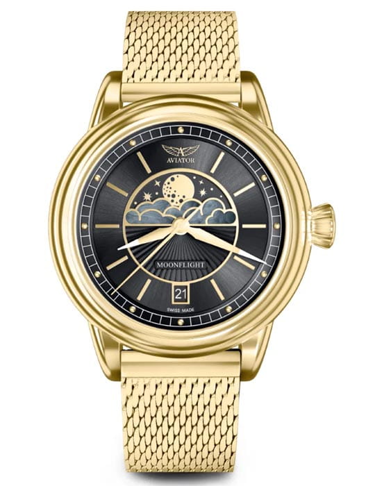 Aviator Aviator Douglas MoonFlight V.1.33.1.344.5  V.1.33.1.344.5 кварцевые женские часы серебристый циферблат, браслет нержавеющая сталь с pvd-покрытием — вид спереди