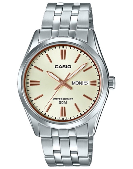 Casio Casio MTP-1335D-9A  MTP-1335D-9A кварцевые мужские часы зеленый циферблат, браслет нержавеющая сталь — вид спереди