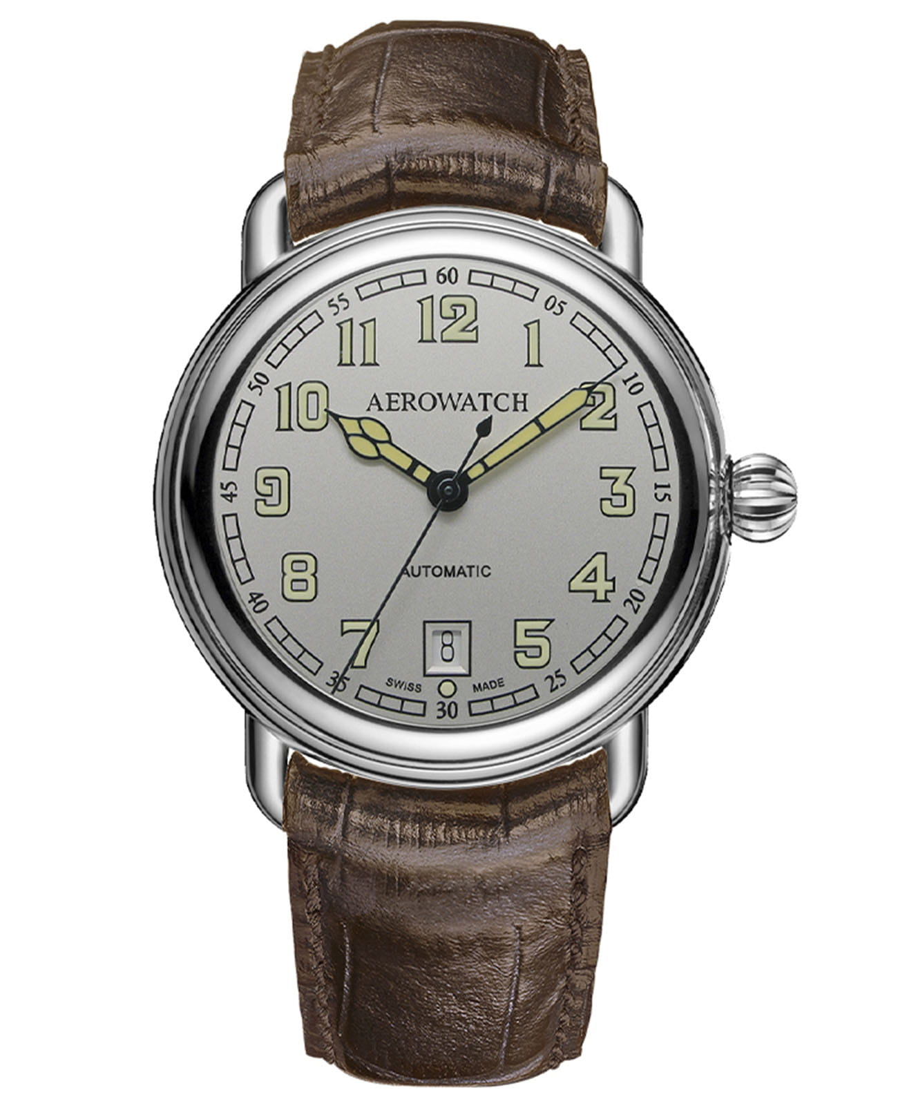 Aerowatch Aerowatch 1942 60900 AA20  60900 AA20 механические мужские часы серебристый циферблат, браслет кожаный — вид спереди