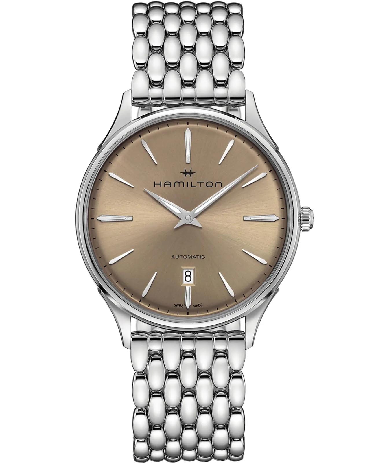 Hamilton Hamilton Jazzmaster Thinline Auto H38525121  H38525121 механические мужские часы бежевый циферблат, браслет нержавеющая сталь — вид спереди
