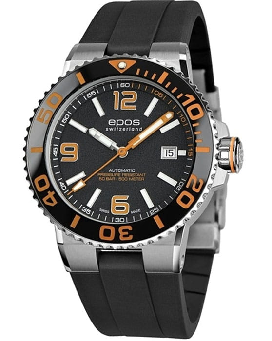 Epos Epos Originale 3441.131.99.52.55  3441.131.99.52.55 механические мужские часы черный циферблат, браслет каучук — вид спереди