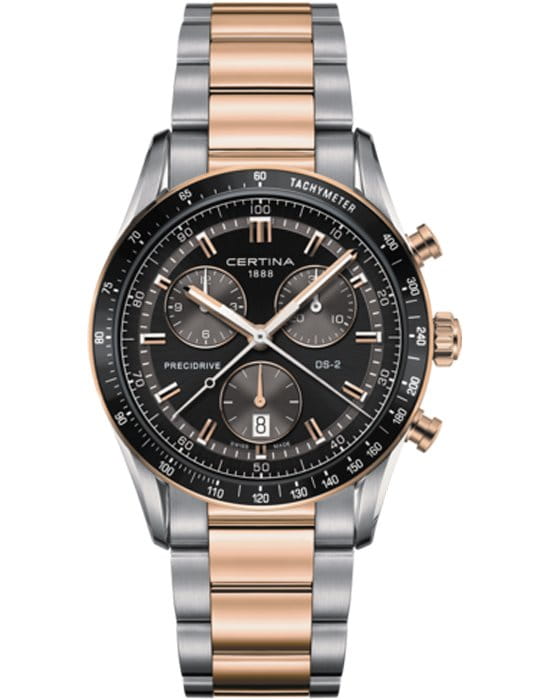Certina Certina DS-2 Chronograph 1/100 sec C024.447.22.051.00 DS 2 C0244472205100 кварцевые мужские часы черный циферблат, браслет сталь c pvd покрытием — вид спереди