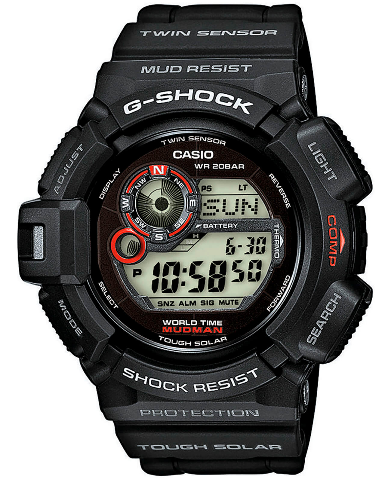 Casio Casio G-Shock G-9300-1 Mudman G-9300-1E электронные мужские часы голубой циферблат, браслет пластик — вид спереди