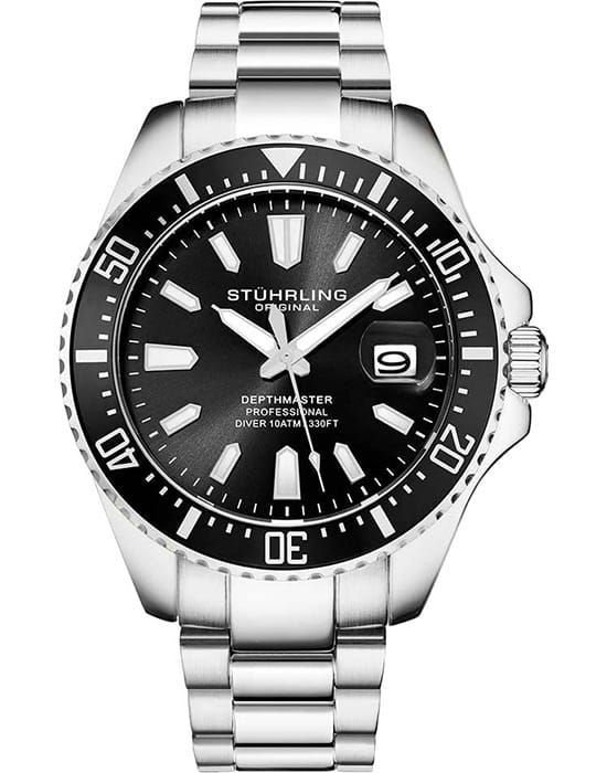 Stuhrling Stuhrling Aquadiver 3950A.1  3950A.1 кварцевые мужские часы черный циферблат, браслет нержавеющая сталь — вид спереди