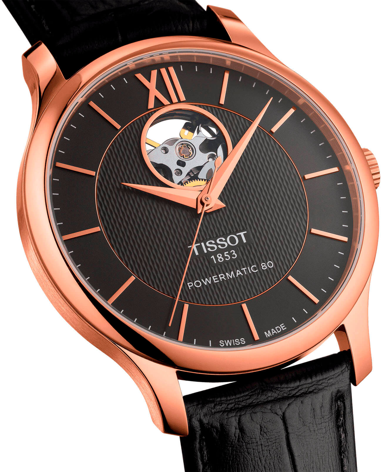 Tissot Tissot Tradition Powermatic 80 Open Heart T063.907.36.068.00, t-classic швейцария мужские часы на браслете кожаный боковой вид