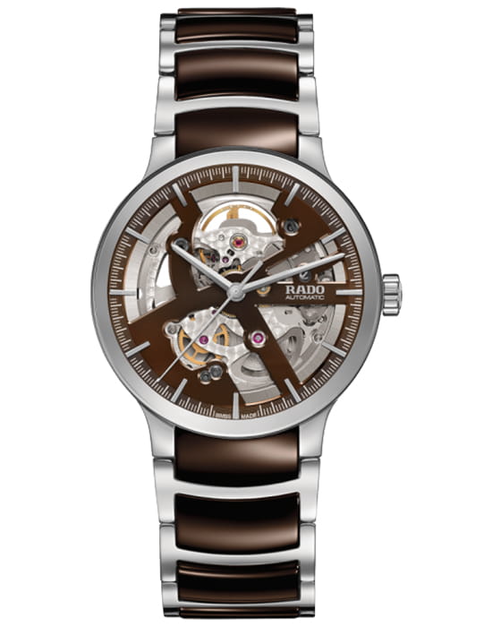 Rado Rado Centrix Automatic Open Heart R30179302 Automatic R30179302 механические мужские часы коричневый циферблат, браслет сталь + pvd + керамика — вид спереди