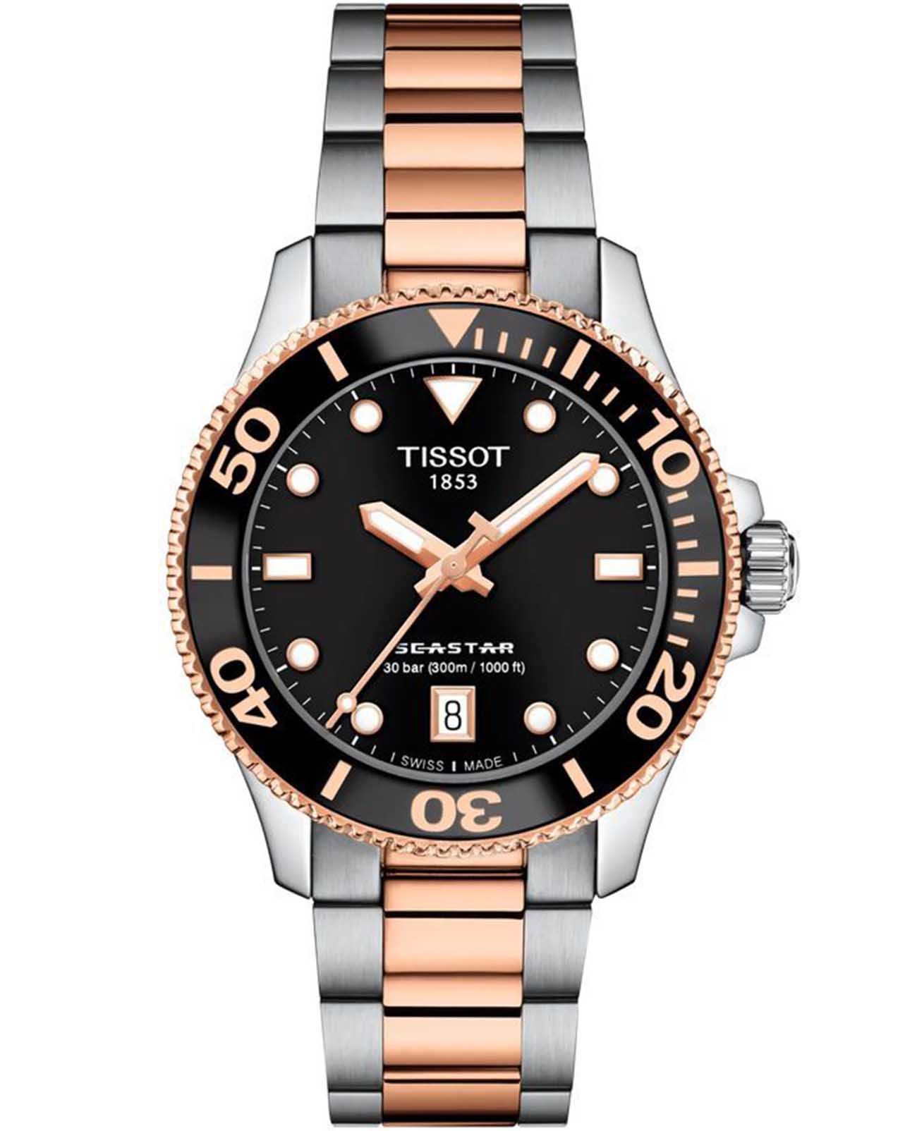 Tissot Tissot Seastar 1000 36mm T120.210.22.051.01 Seastar 1000 T1202102205101 кварцевые мужские часы черный циферблат, браслет нержавеющая сталь с pvd-покрытием — вид спереди