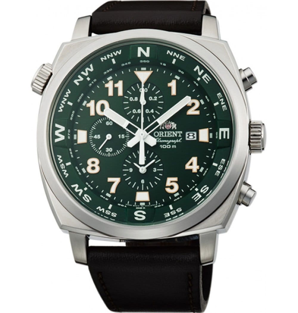 Orient Orient TT17004F (FTT17004F)  FTT17004F механические мужские часы зеленый циферблат, браслет кожаный — вид спереди