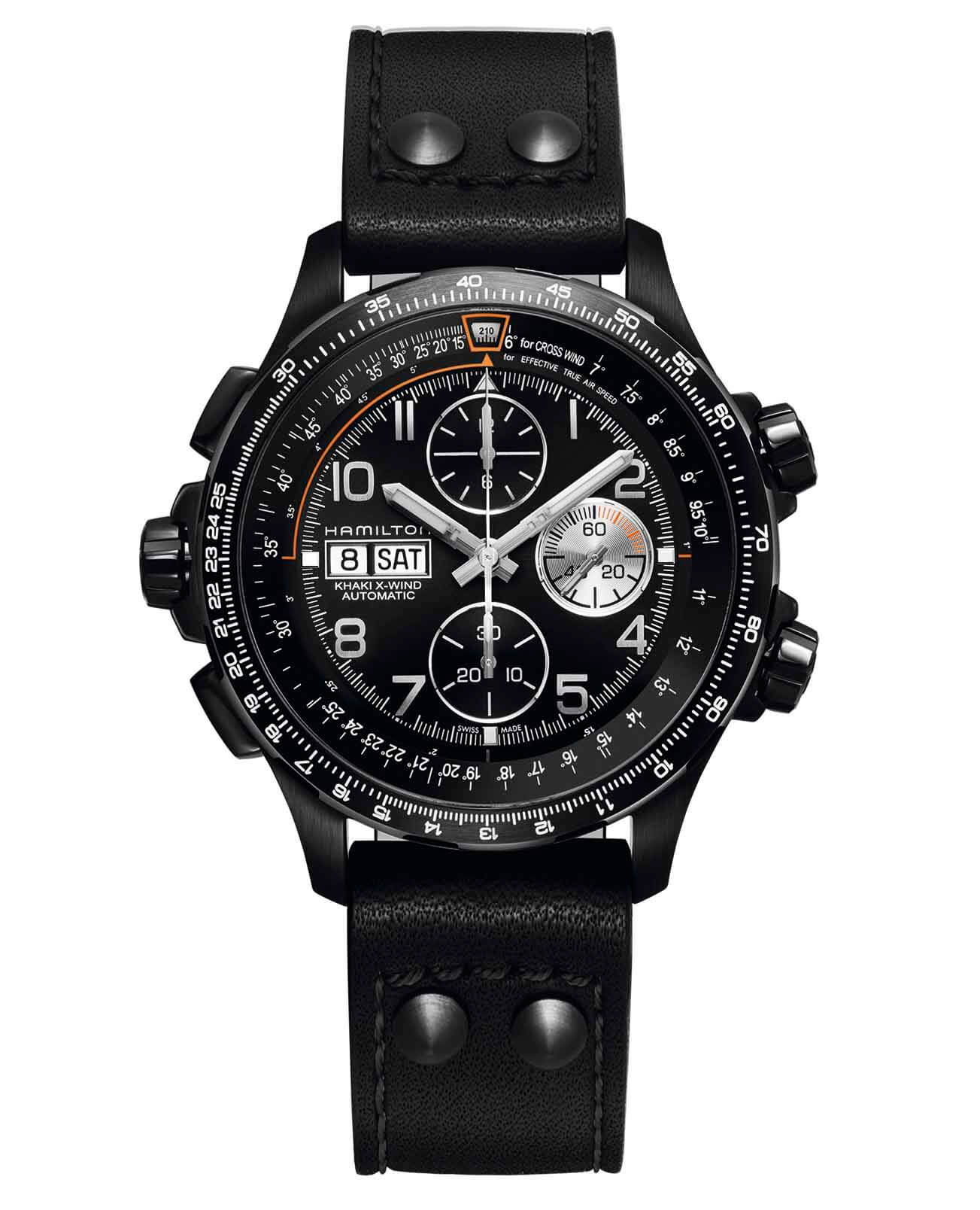 Hamilton Hamilton Khaki Aviation X-Wind Auto Chrono H77736733  H77736733 механические мужские часы черный циферблат, браслет кожаный — вид спереди